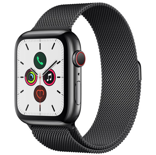Apple Watch Series 5 (GPS + Cell, 44mm, Space Black Stainless Steel, Black Sport Band)