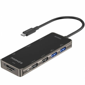 Promate USB-C Hub with 100W Power Delivery, 4K HDMI, 4 USB Ports, RJ45 Port, TF/SD Slot, PrimeHub-Go, Black